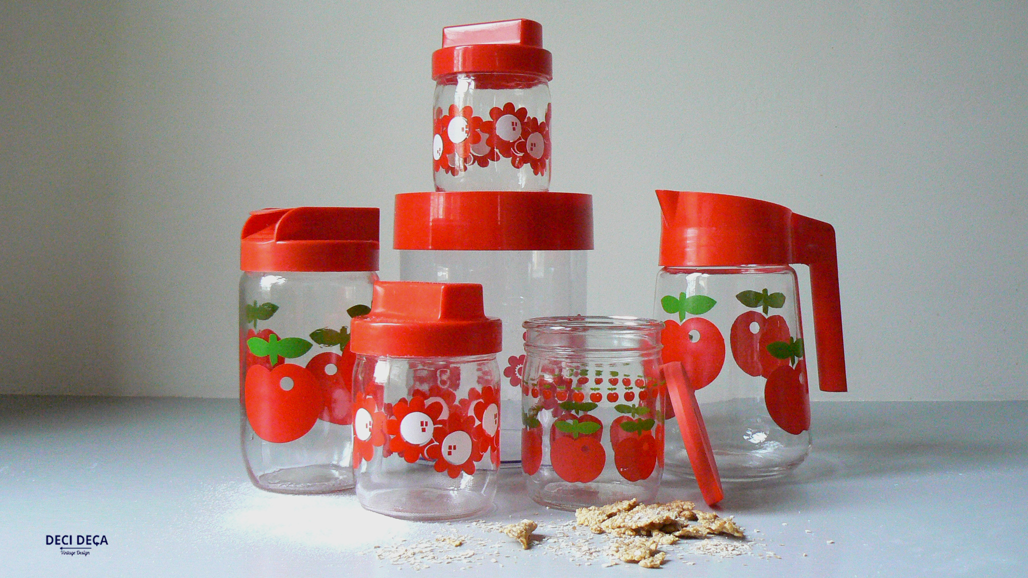 Ensemble 4 pots bocaux HERRANDIZ porcelaine motif pomme rouge rangement  cuisine retro campagne vintage années 70 -  France